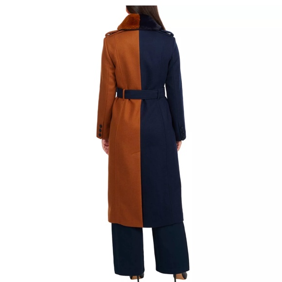 Brand new! Badgley Mischka Terry color blocking Cognac/Navy long coat. Size-M. - Picture 2 of 16
